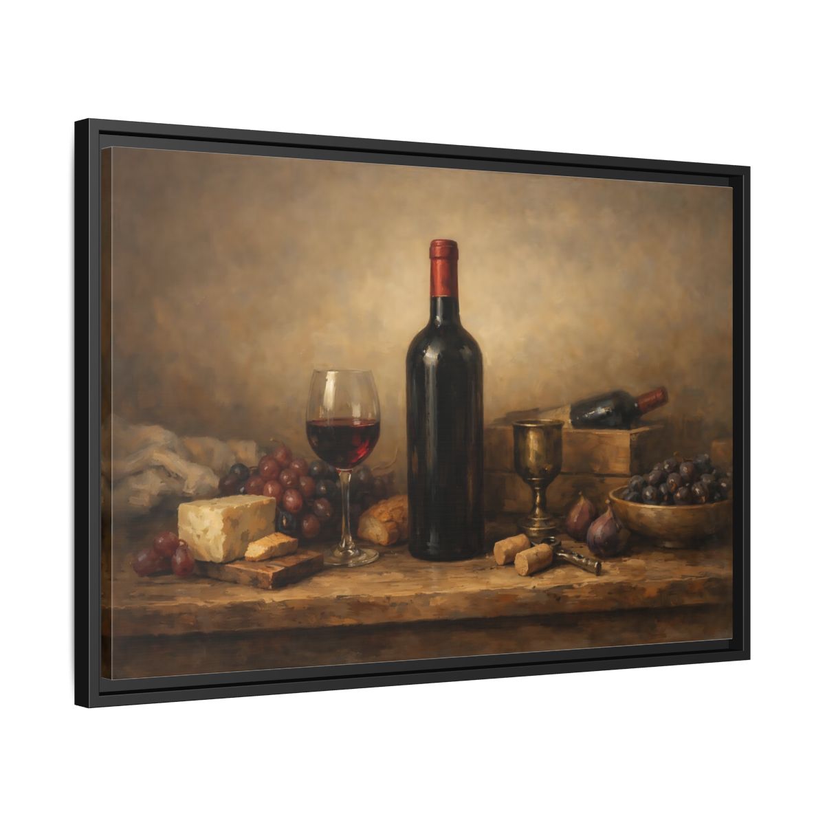 Side Mockup 14. Vintage Wine Bottle Brown And Red shown as stretched canvas wall art