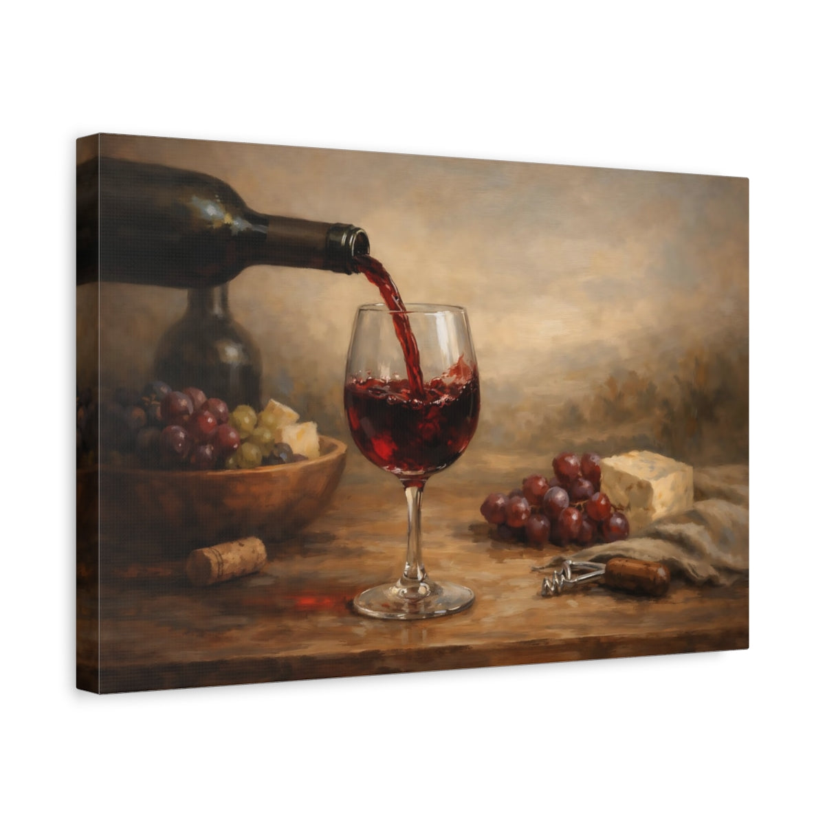 Side Mockup 4. Vintage Wine Pour Red Wine And Grapes shown as stretched canvas wall art