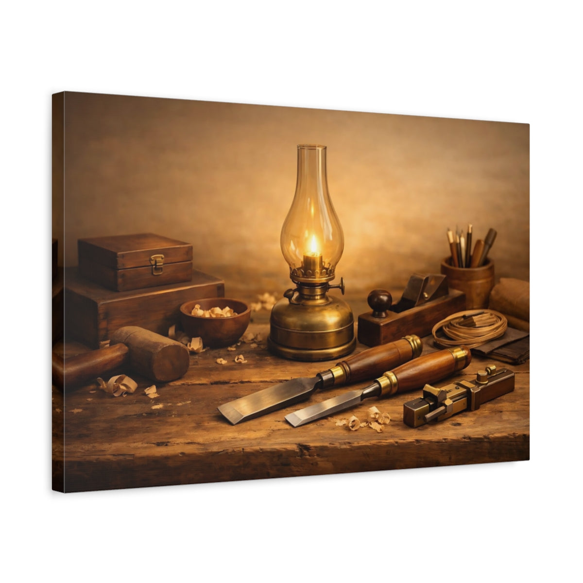 Side Mockup 3. Vintage Woodworking Tools Brown And Gold shown as stretched canvas wall art