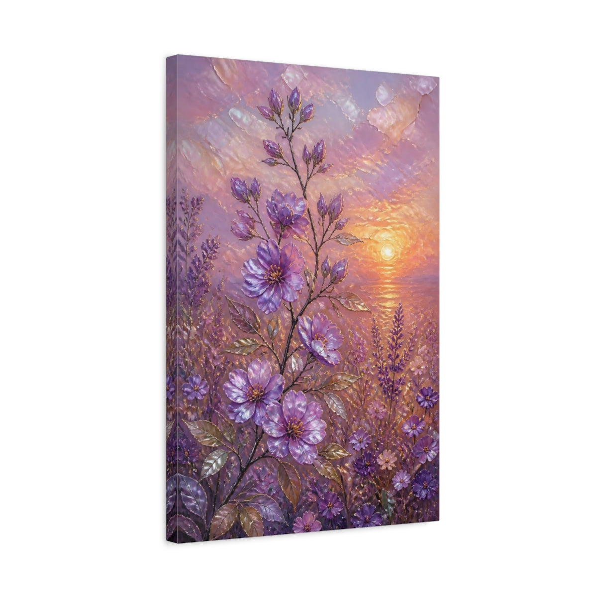 Side Mockup 3. Violet Meadow Flowers shown as canvas print