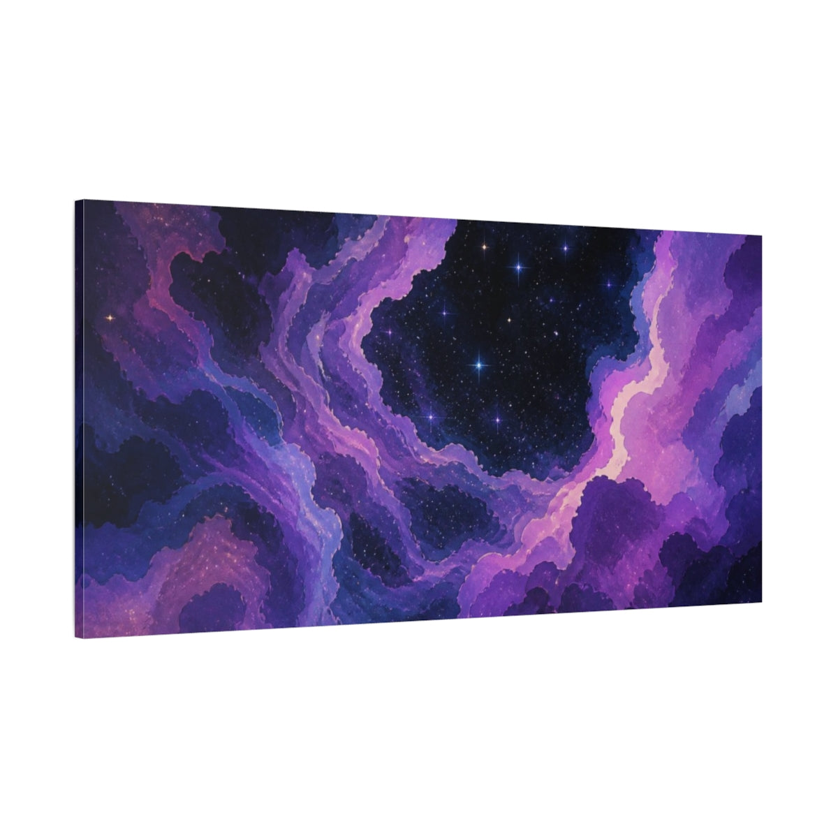 Side Mockup 2. Violet Nebula Starscape shown as canvas print