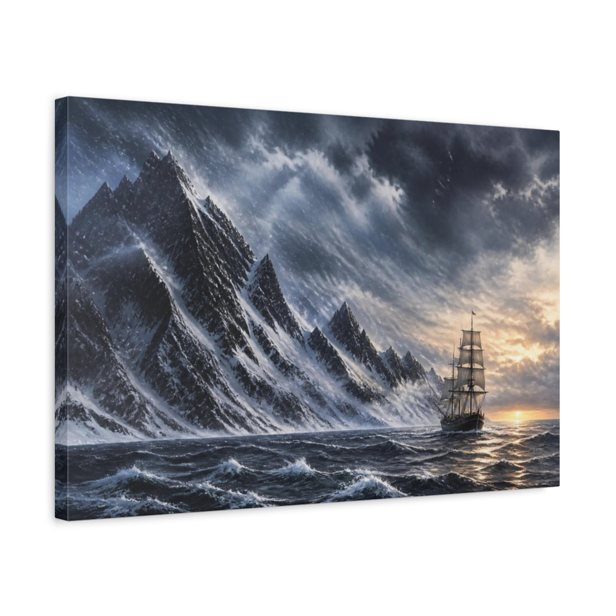 Side Mockup 3. Voyage Past Snow Peaks shown as canvas print
