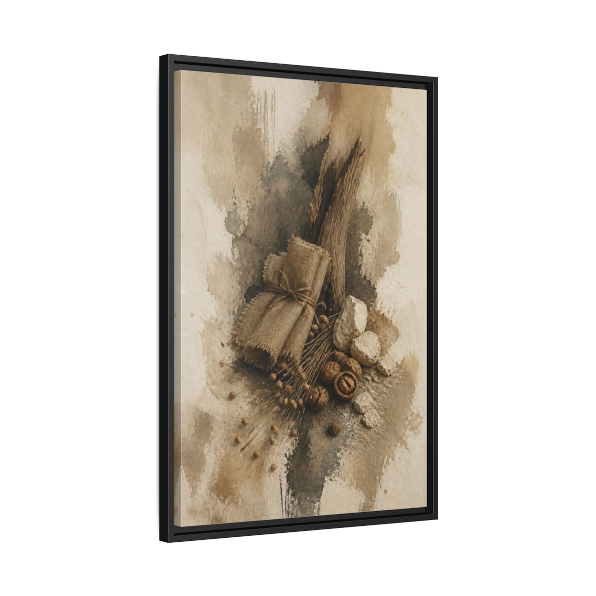 Side Mockup 14. Wabi Sabi Linen & Driftwood shown as framed canvas print