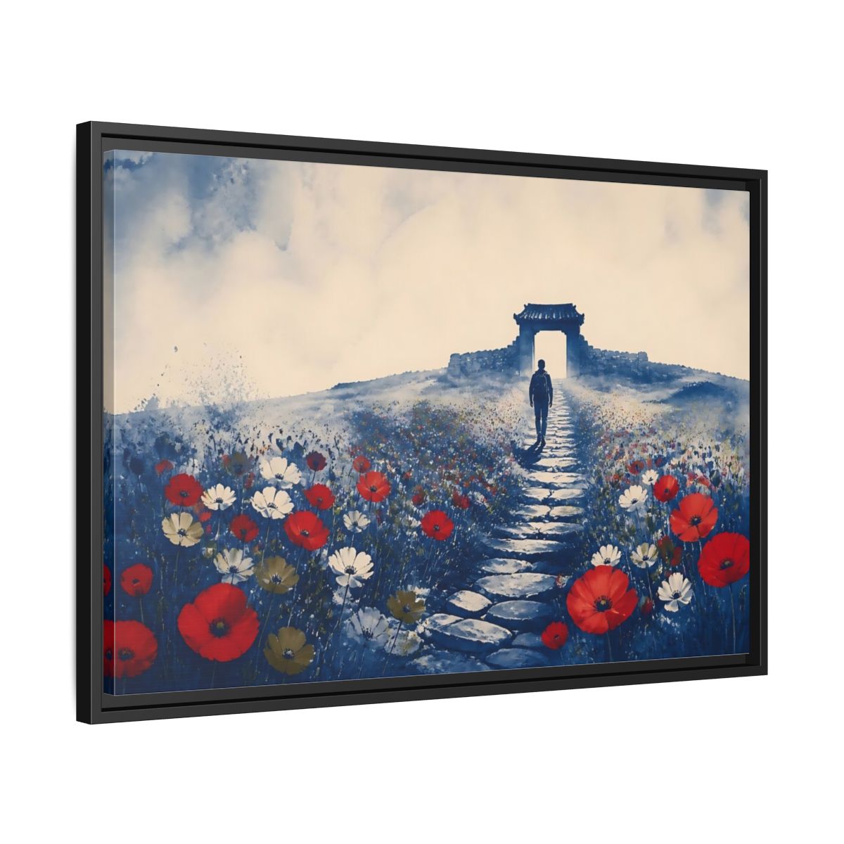 Side Mockup 14. Walker On Poppy Path shown as framed canvas print