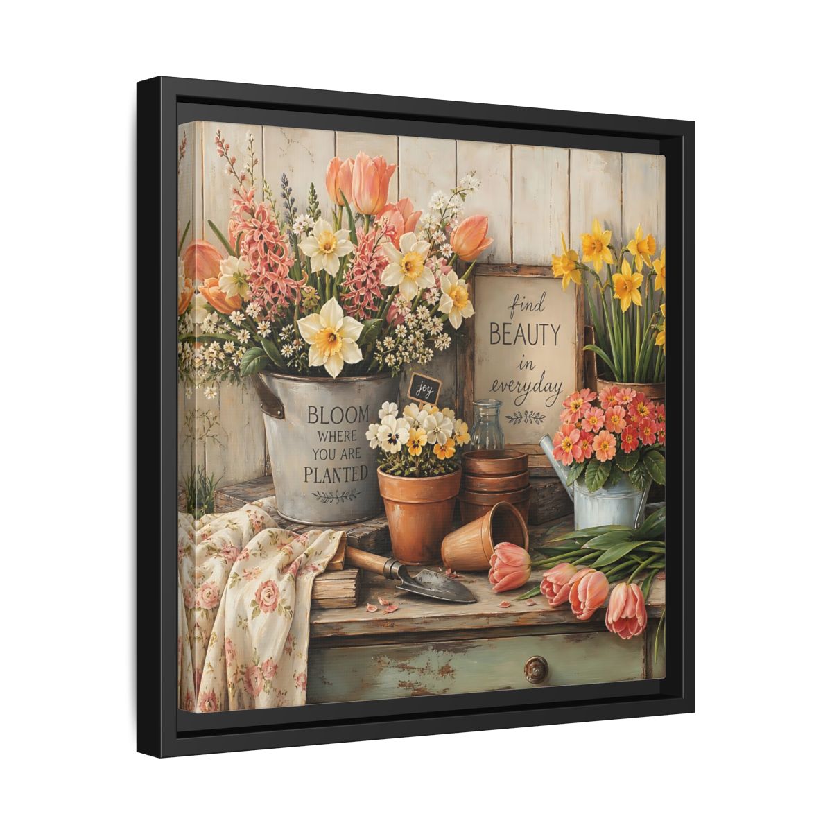 Side Mockup 32. Warm Rustic Realism Potting Bench With Spring Flowers shown as stretched canvas wall art