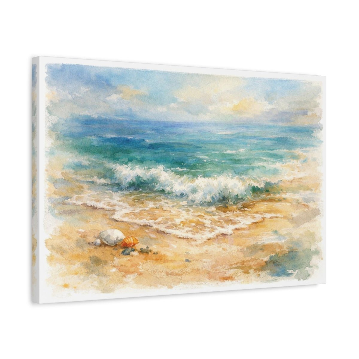 Watercolor Beach Shoreline Ocean Wave Nature - Canvas Wall Art Print - YesArtYes