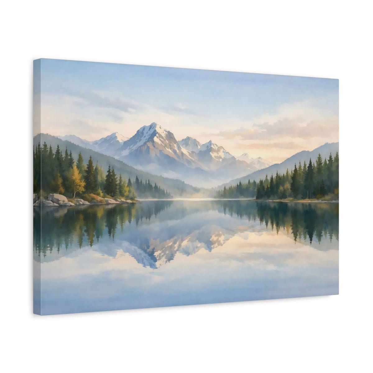 Watercolor Lake Reflection Mountain Nature - Canvas Wall Art Print - YesArtYes