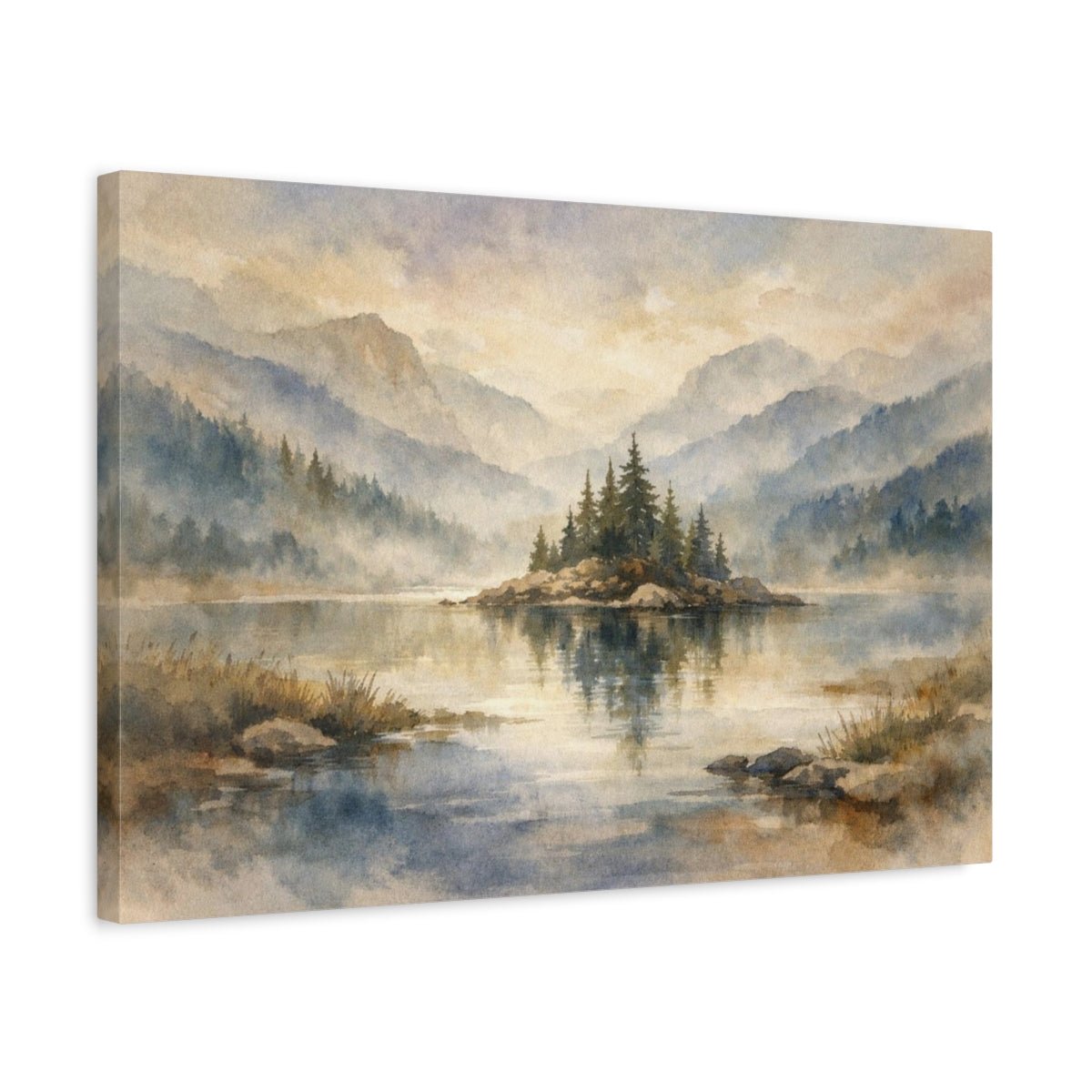 Watercolor Landscape Mist Mountain Lake Nature - Canvas Wall Art Print - YesArtYes