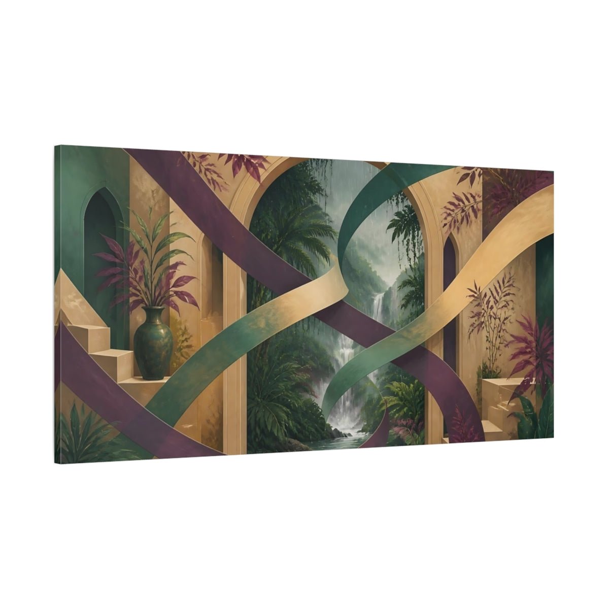 Waterfall Archway Escape Canvas Print – Living Room, Above Couch, Teal & Gold - YesArtYes
