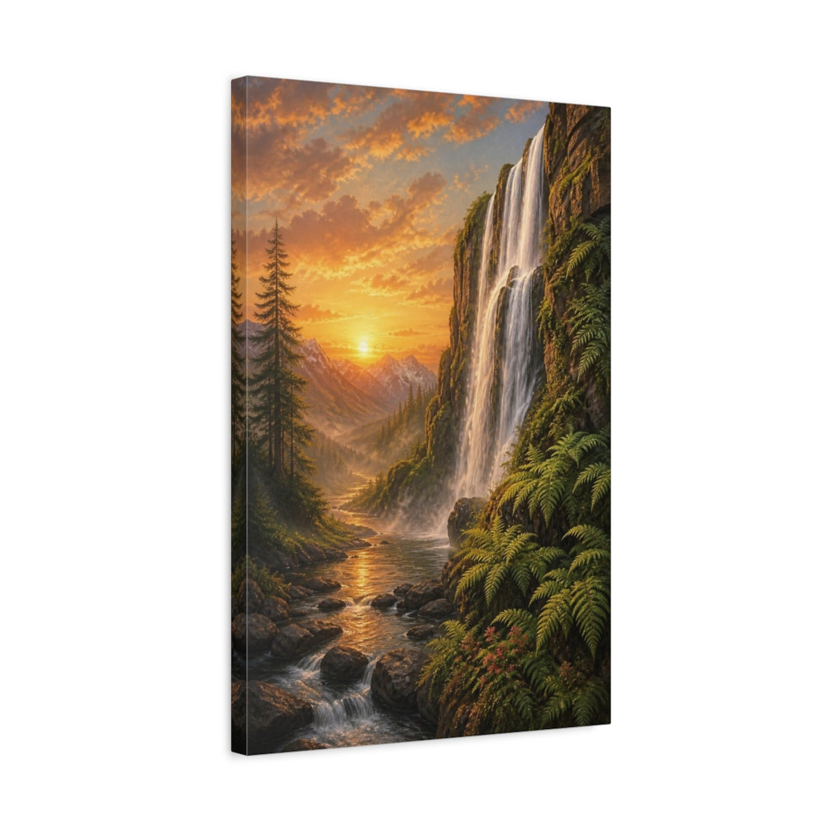 Side Mockup 3. Waterfall Landscape At Sunset shown as canvas print