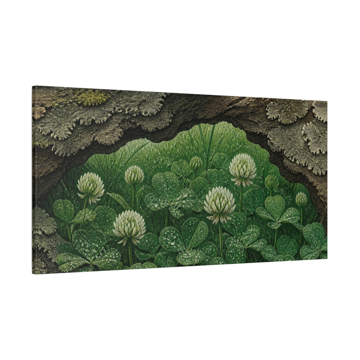Side Mockup 2. White Clover Nature Study shown as canvas print