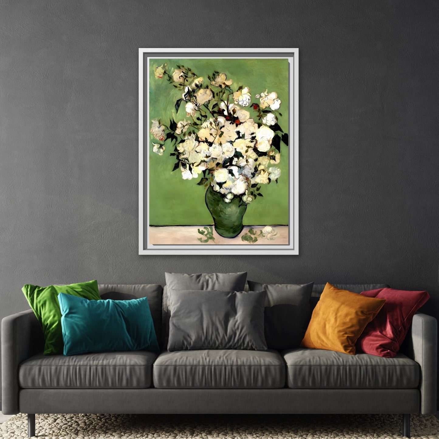 White Flowers Van Gogh Canvas Print - Vase of Roses Wall Art in Exclusive Frame - YesArtYes