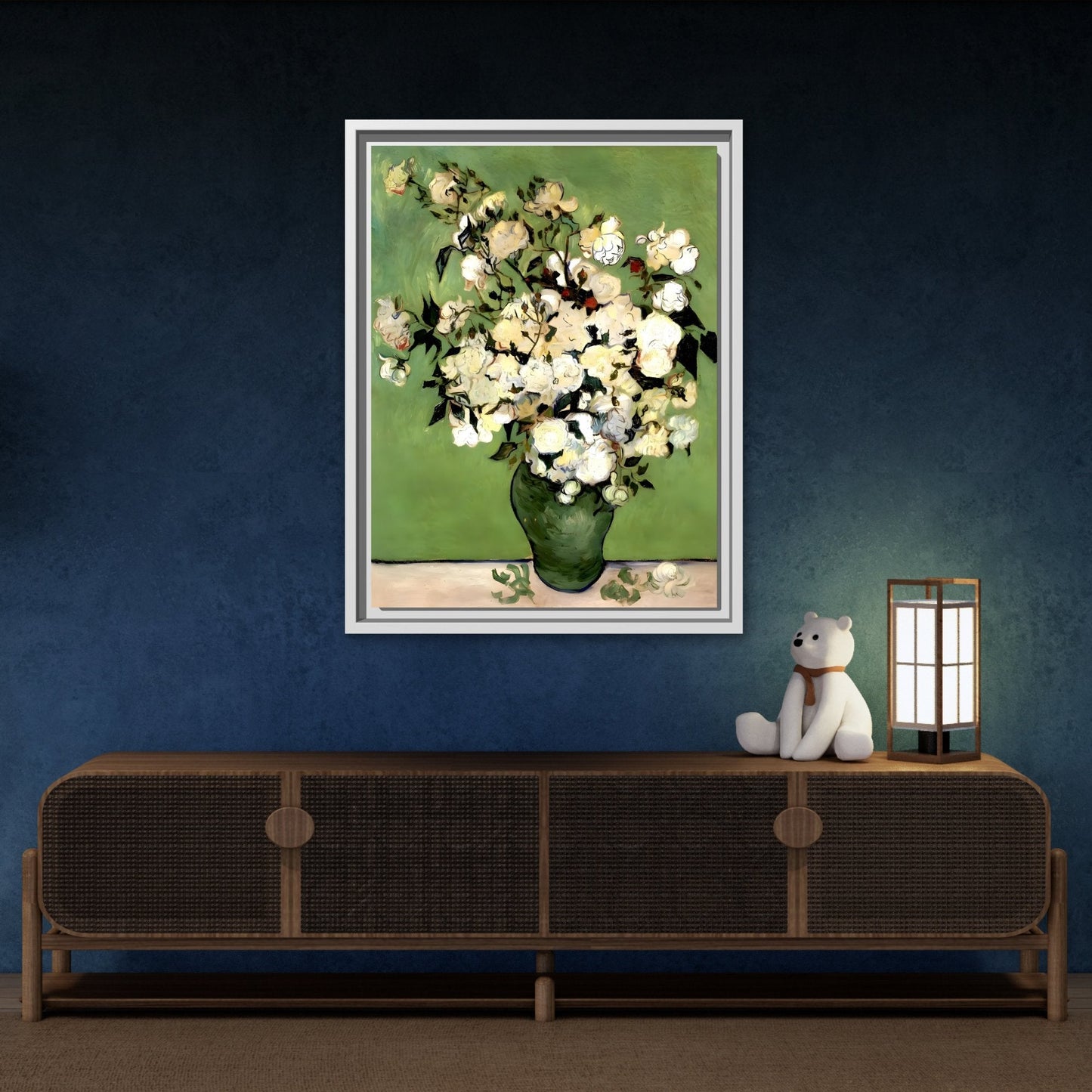 White Flowers Van Gogh Canvas Print - Vase of Roses Wall Art in Exclusive Frame - YesArtYes