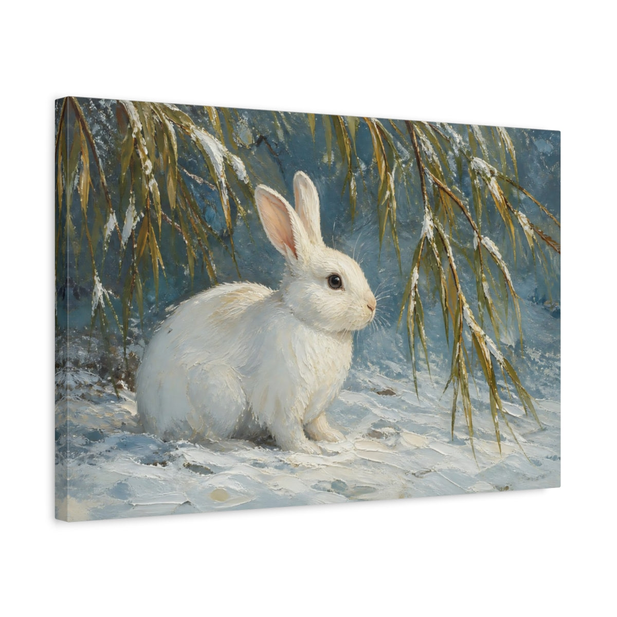 Side Mockup 3. White Rabbit In Snow shown as canvas print