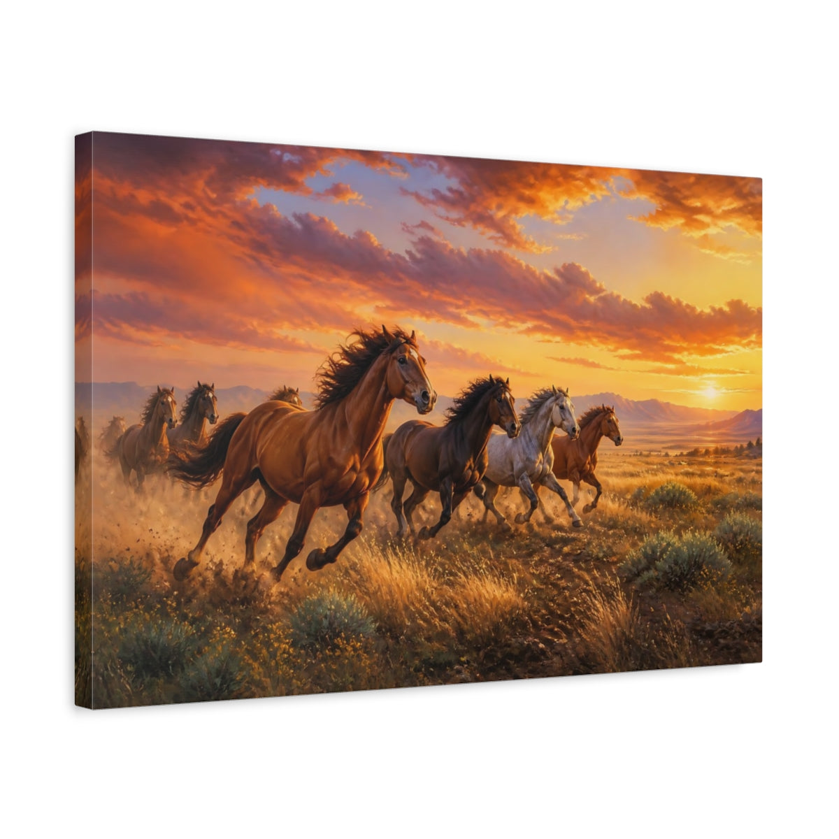 Side Mockup 3. Wild Horses Animals Sunset shown as canvas print