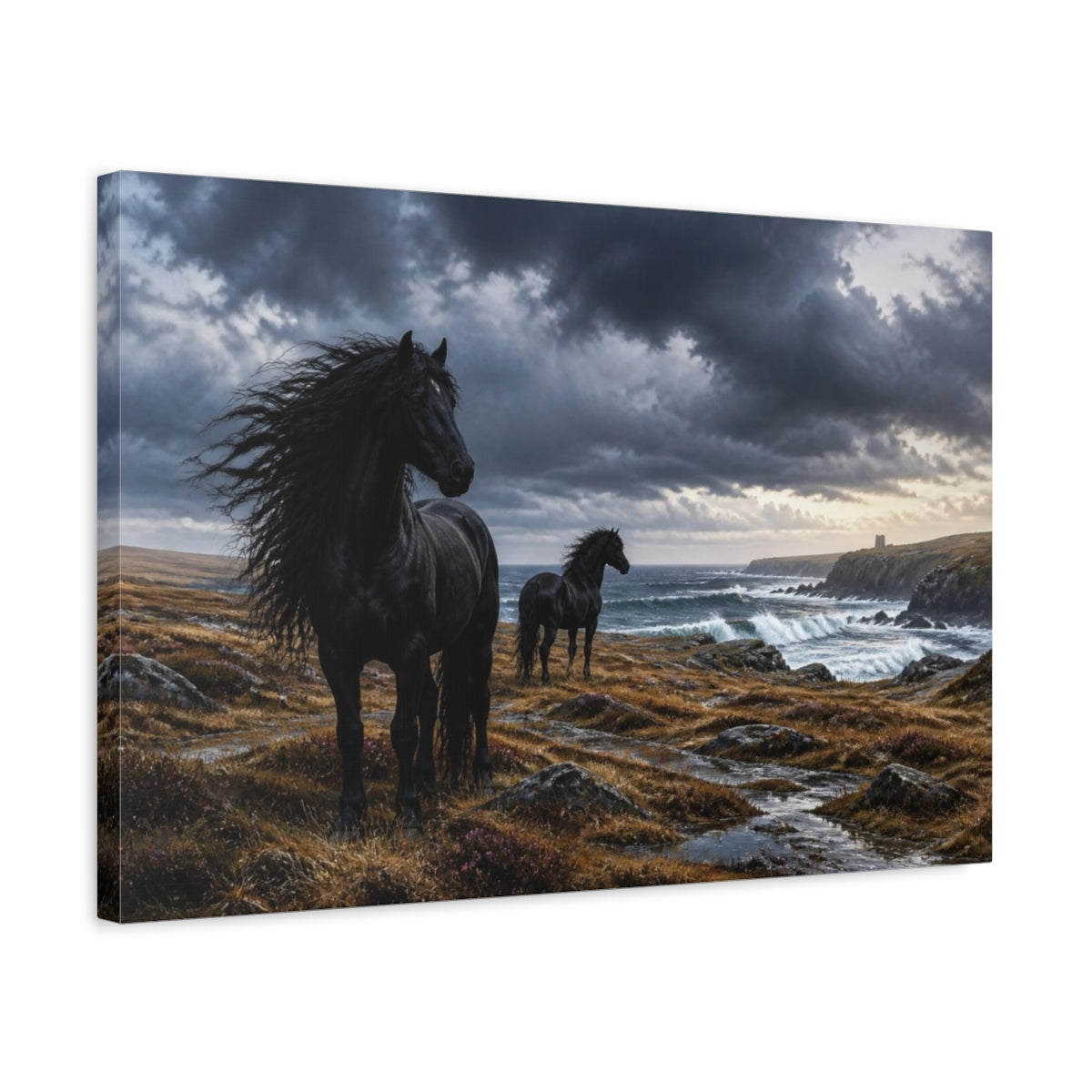 Side Mockup 3. Windswept Black Horses By Sea shown as canvas print