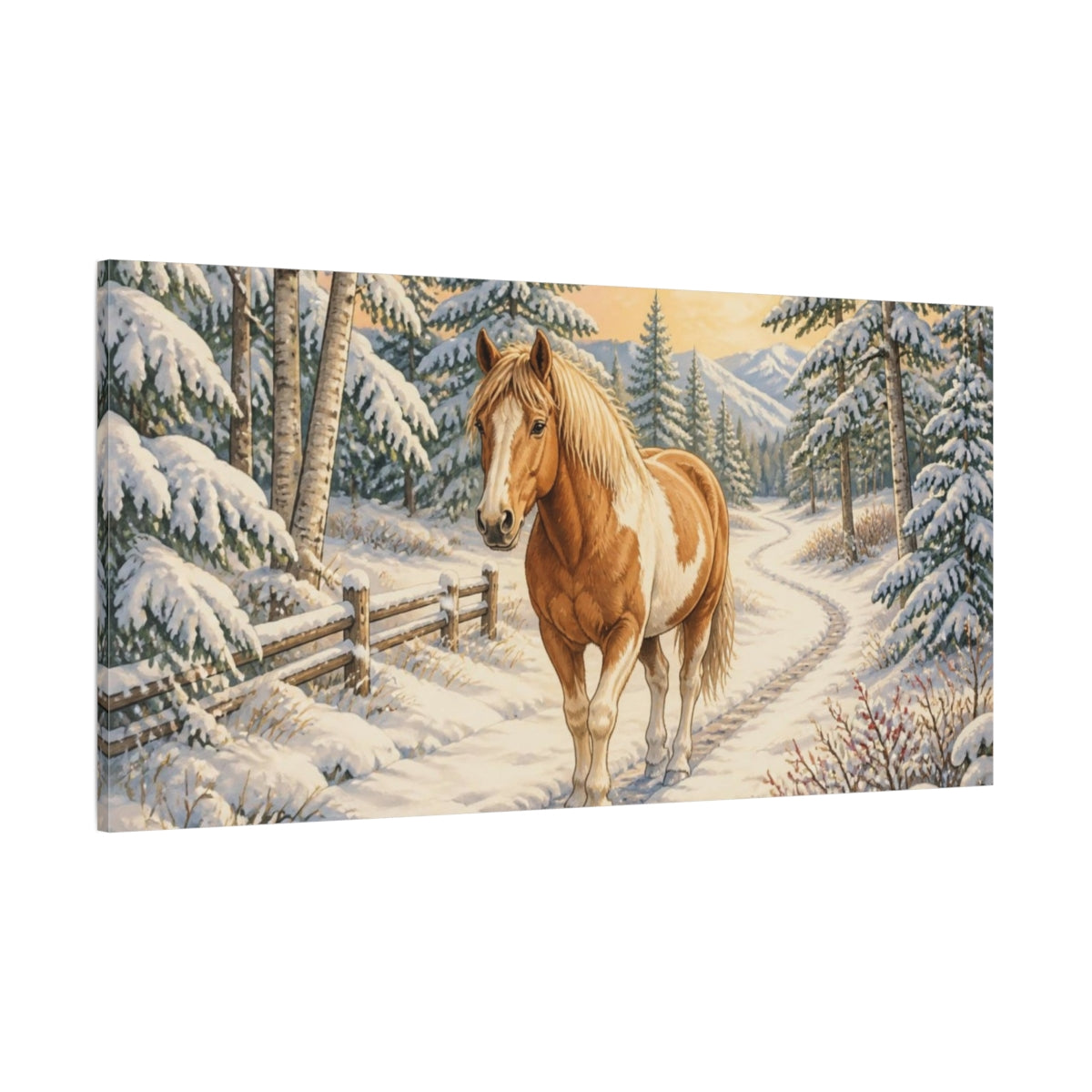 Side Mockup 2. Winter Horse Animals shown as canvas print