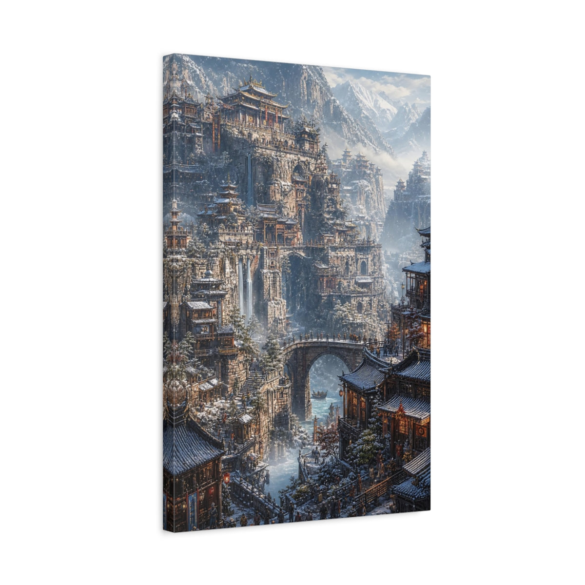 Side Mockup 3. Winter Mountain Citadel shown as canvas print