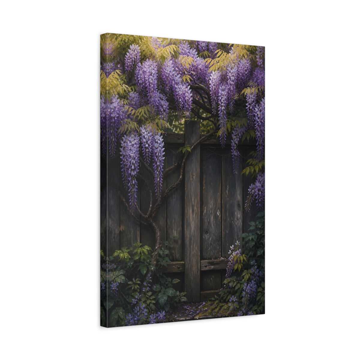 Side Mockup 3. Wisteria On Rustic Fence shown as canvas print