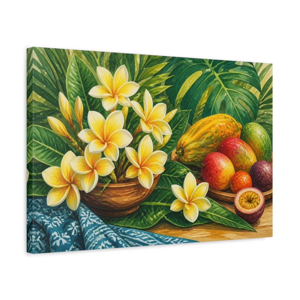 Side Mockup 3. Yellow Plumeria With Fruit shown as canvas print