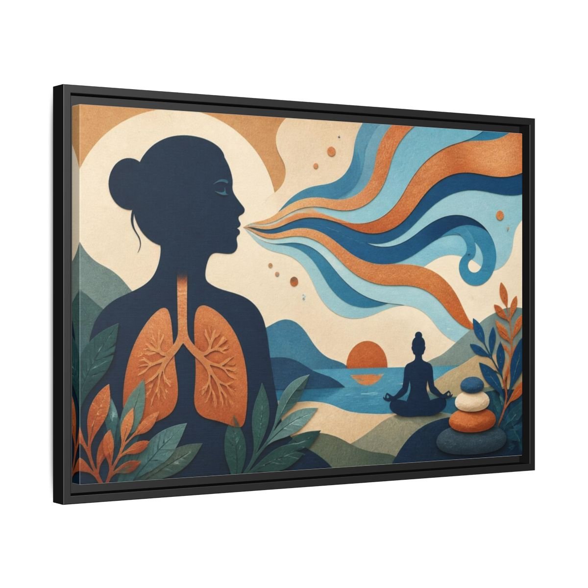Yoga Breath Silhouette Framed Canvas Print – Studio, Gallery Wall, Blue And Copper - YesArtYes