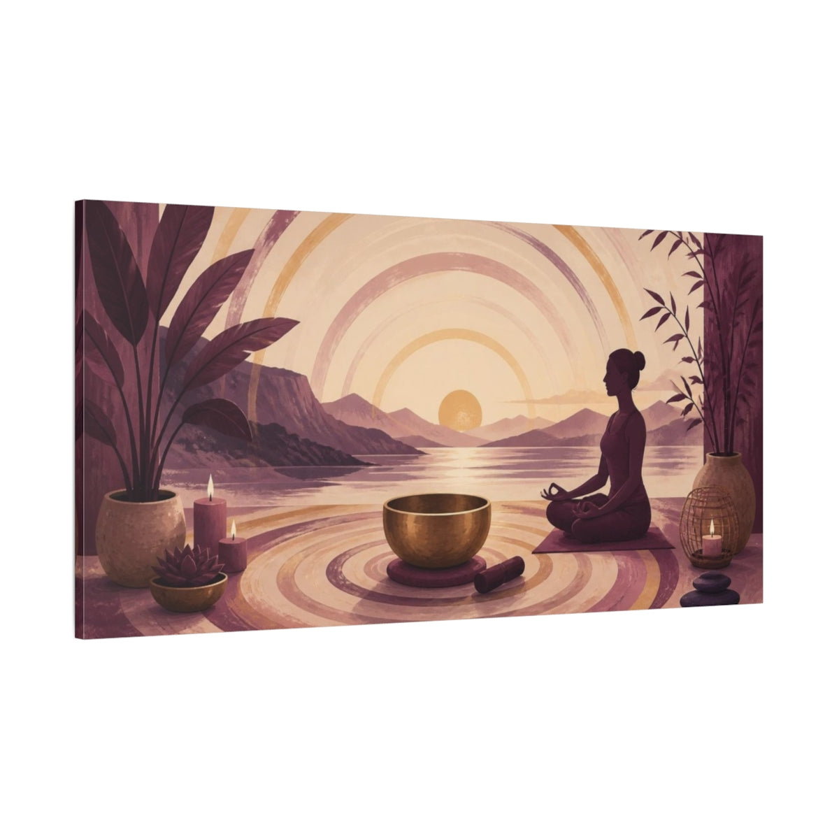 Side Mockup 2. Yoga Meditator Sunset shown as canvas print
