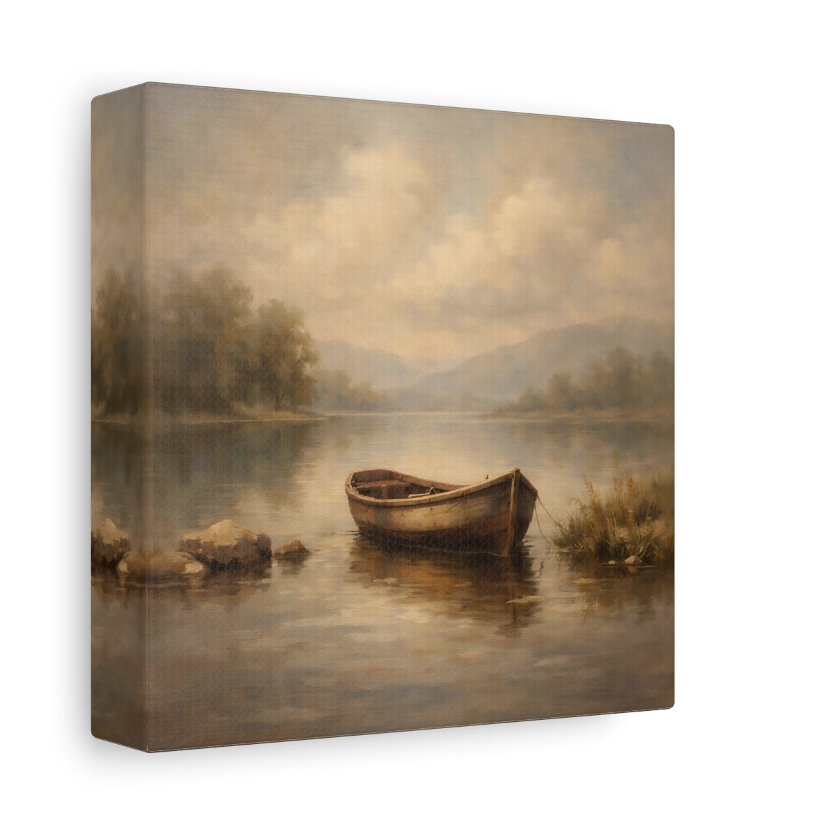 Side Mockup 1. Nature Rowboat Muted Landscape shown as stretched canvas wall art