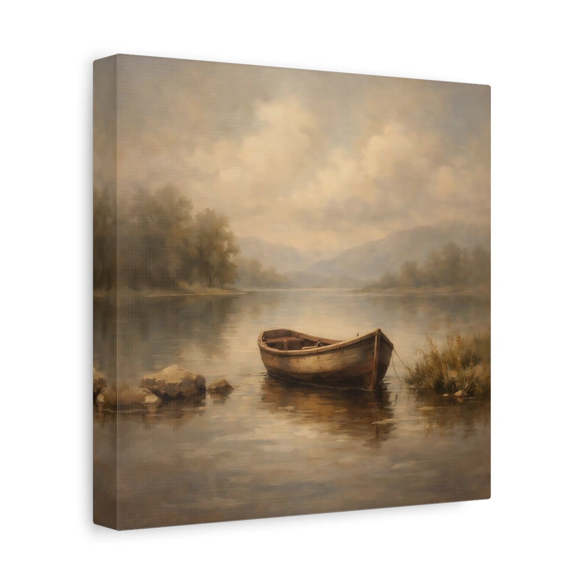 Side Mockup 9. Nature Rowboat Muted Landscape shown as stretched canvas wall art