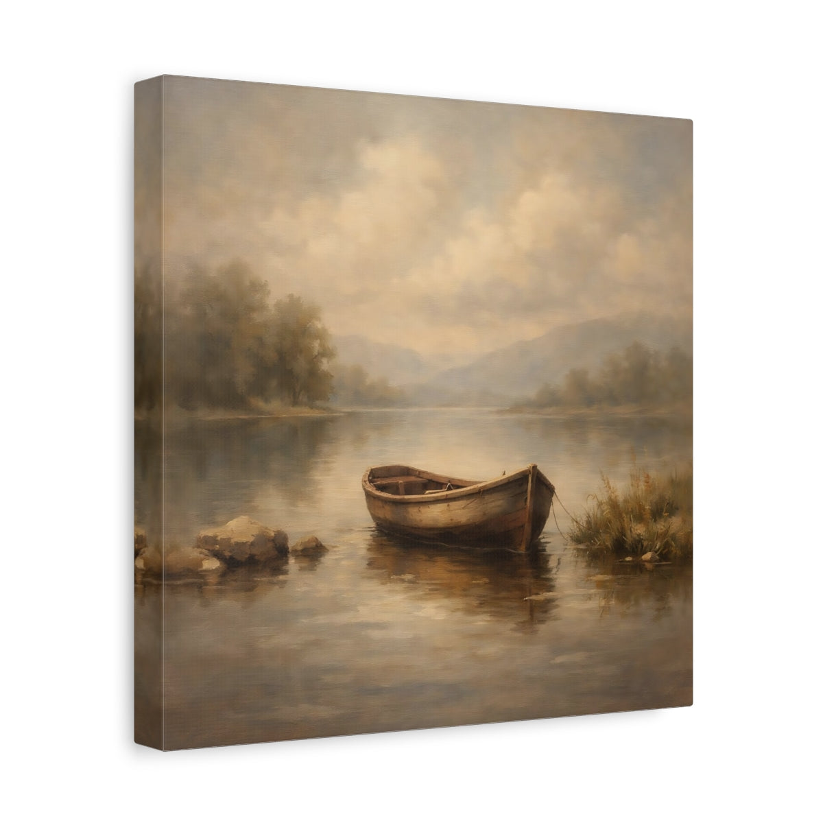 Side Mockup 8. Nature Rowboat Muted Landscape shown as stretched canvas wall art