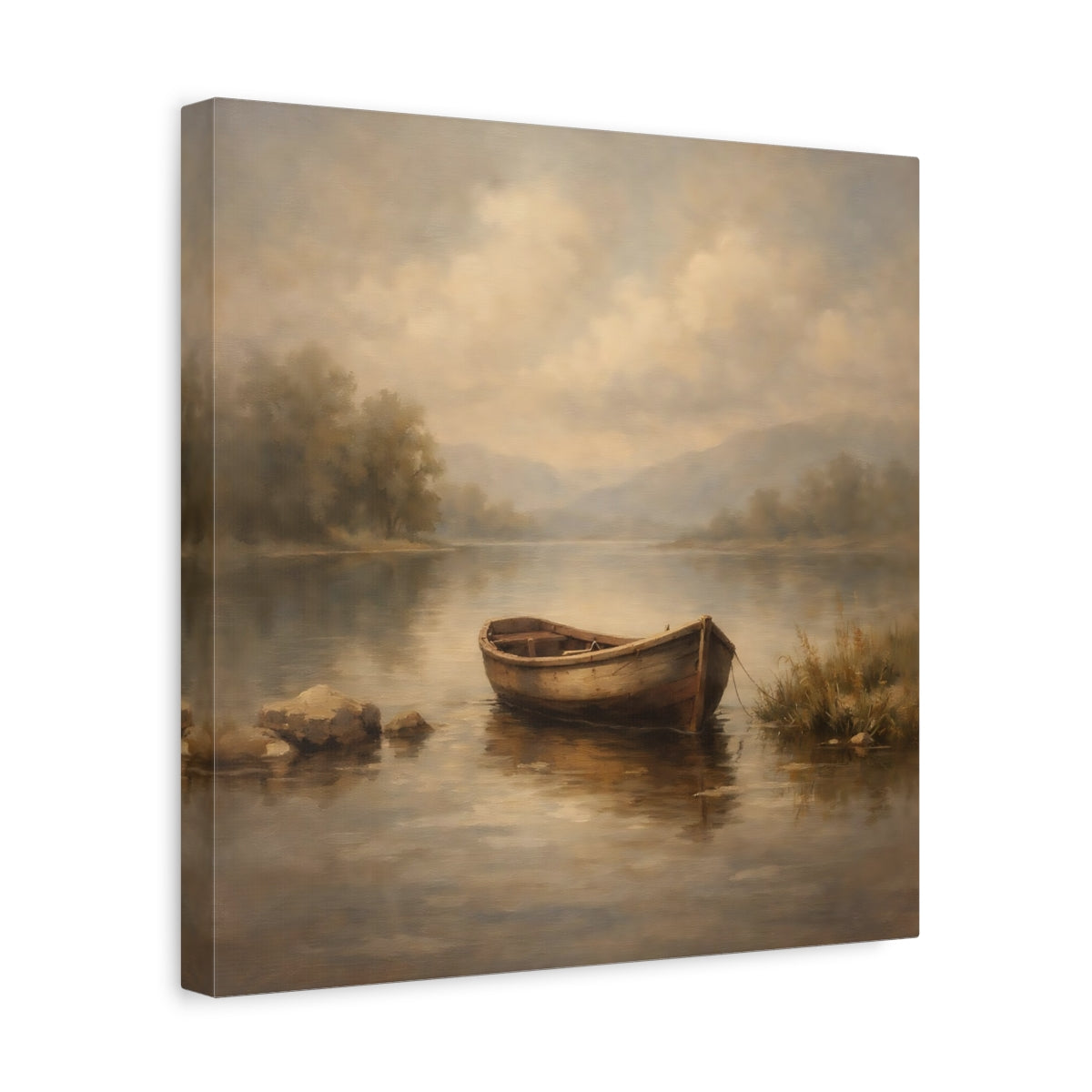 Side Mockup 7. Nature Rowboat Muted Landscape shown as stretched canvas wall art