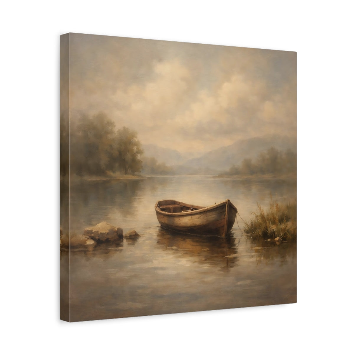 Side Mockup 6. Nature Rowboat Muted Landscape shown as stretched canvas wall art
