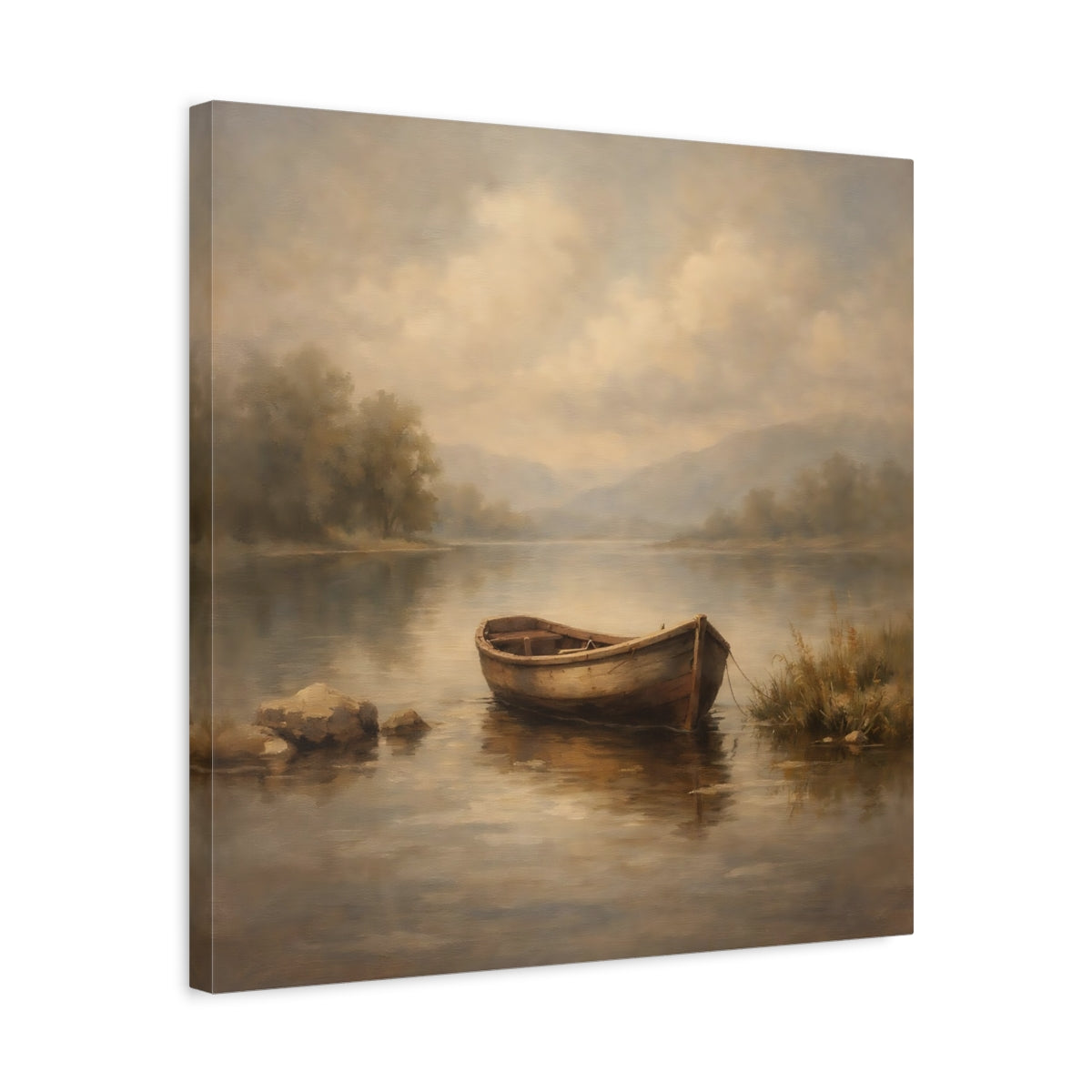 Side Mockup 5. Nature Rowboat Muted Landscape shown as stretched canvas wall art