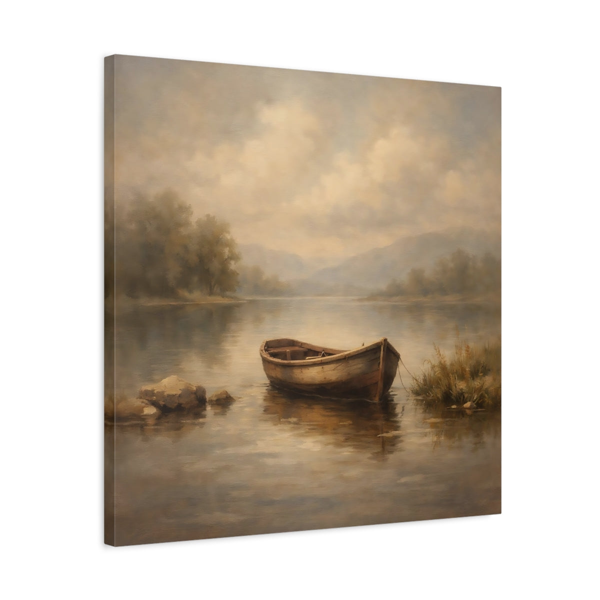 Side Mockup 4. Nature Rowboat Muted Landscape shown as stretched canvas wall art