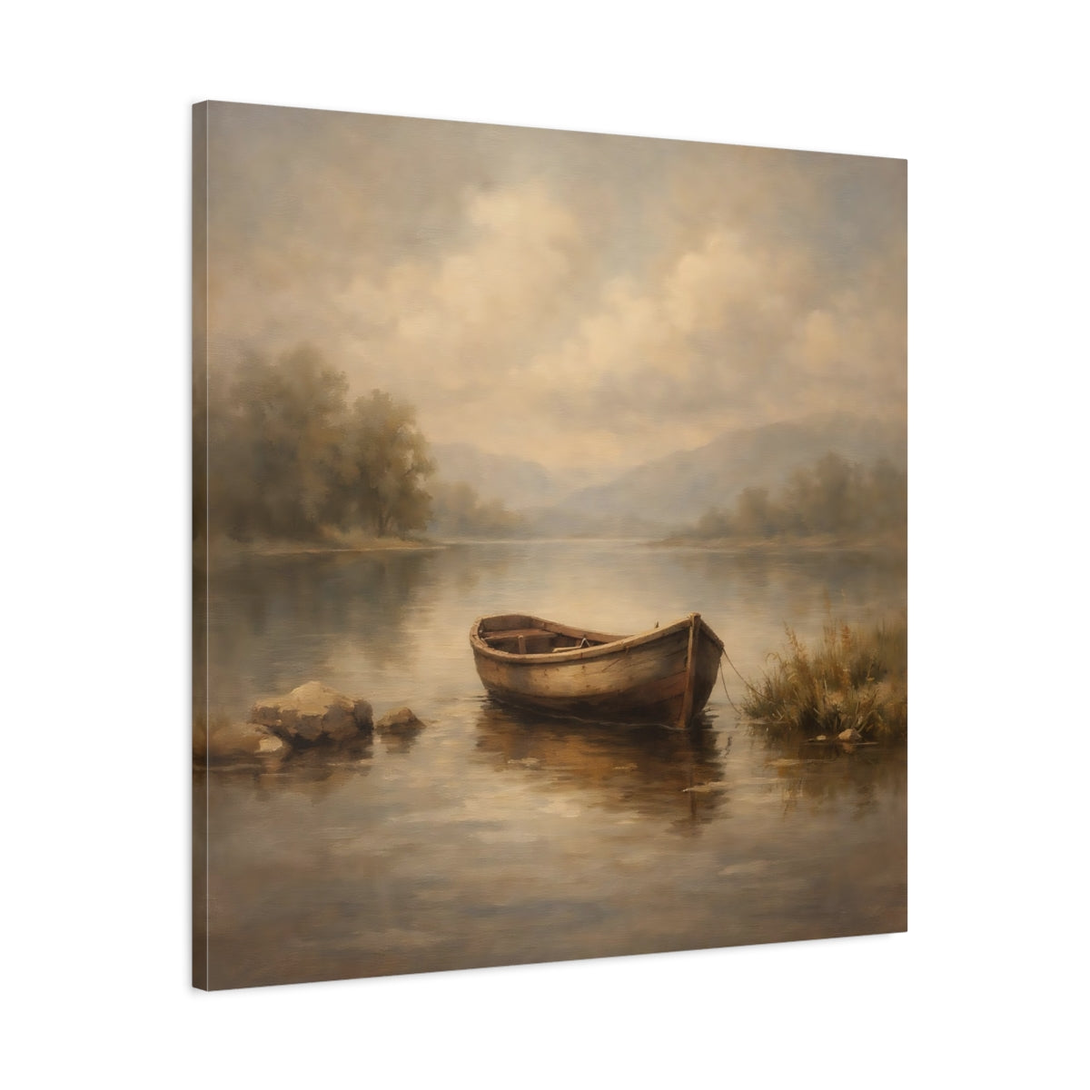 Side Mockup 3. Nature Rowboat Muted Landscape shown as stretched canvas wall art