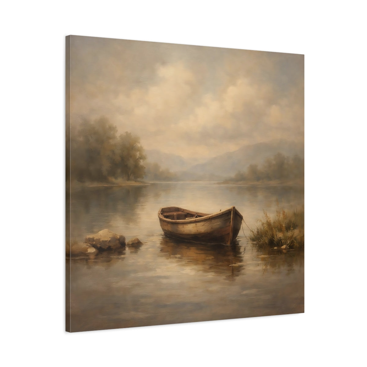 Side Mockup 2. Nature Rowboat Muted Landscape shown as stretched canvas wall art