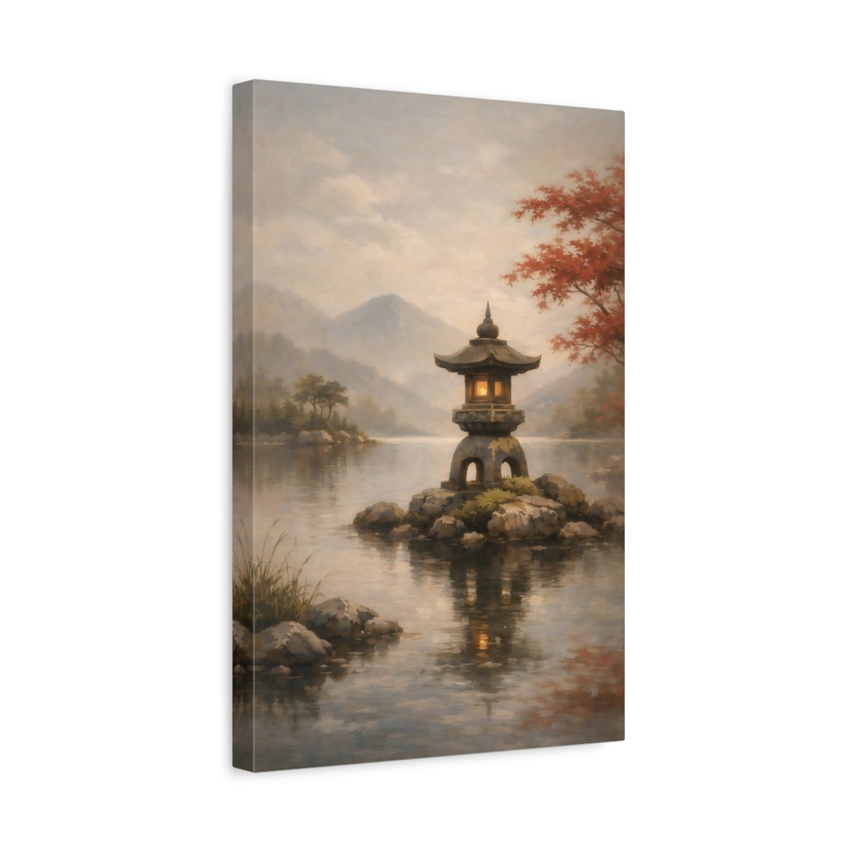 Side Mockup 4. Nature Stone Lantern Japanese Garden Lake shown as stretched canvas wall art