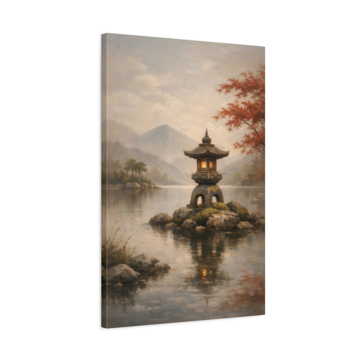 Side Mockup 2. Nature Stone Lantern Japanese Garden Lake shown as stretched canvas wall art