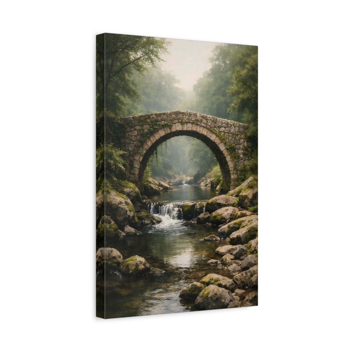 Side Mockup 4. Nature Stone Bridge Misty Stone Bridge shown as stretched canvas wall art