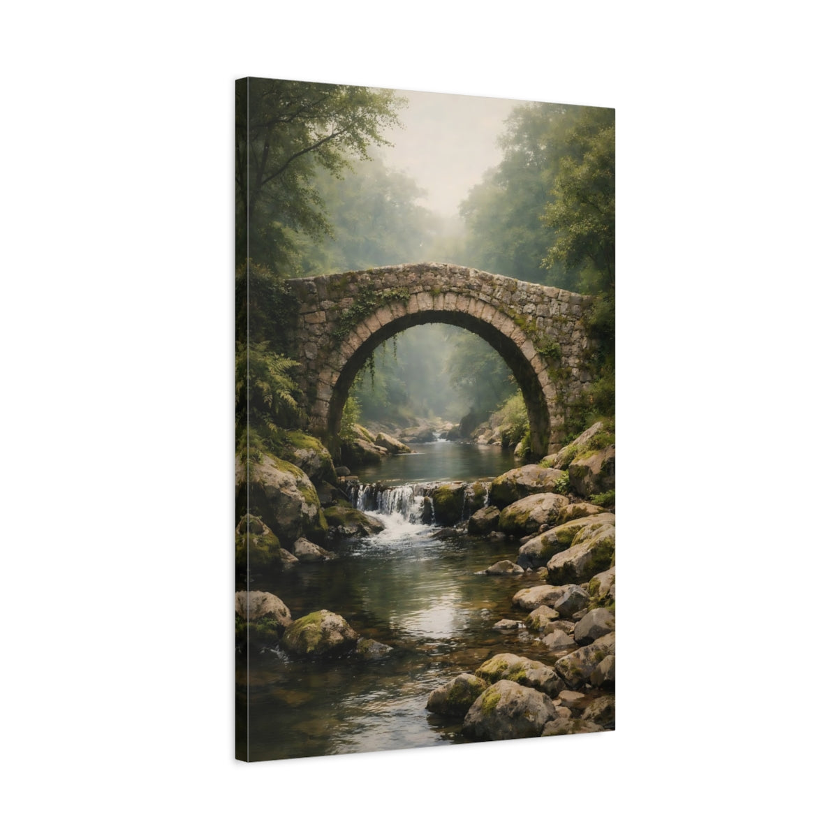 Side Mockup 2. Nature Stone Bridge Misty Stone Bridge shown as stretched canvas wall art
