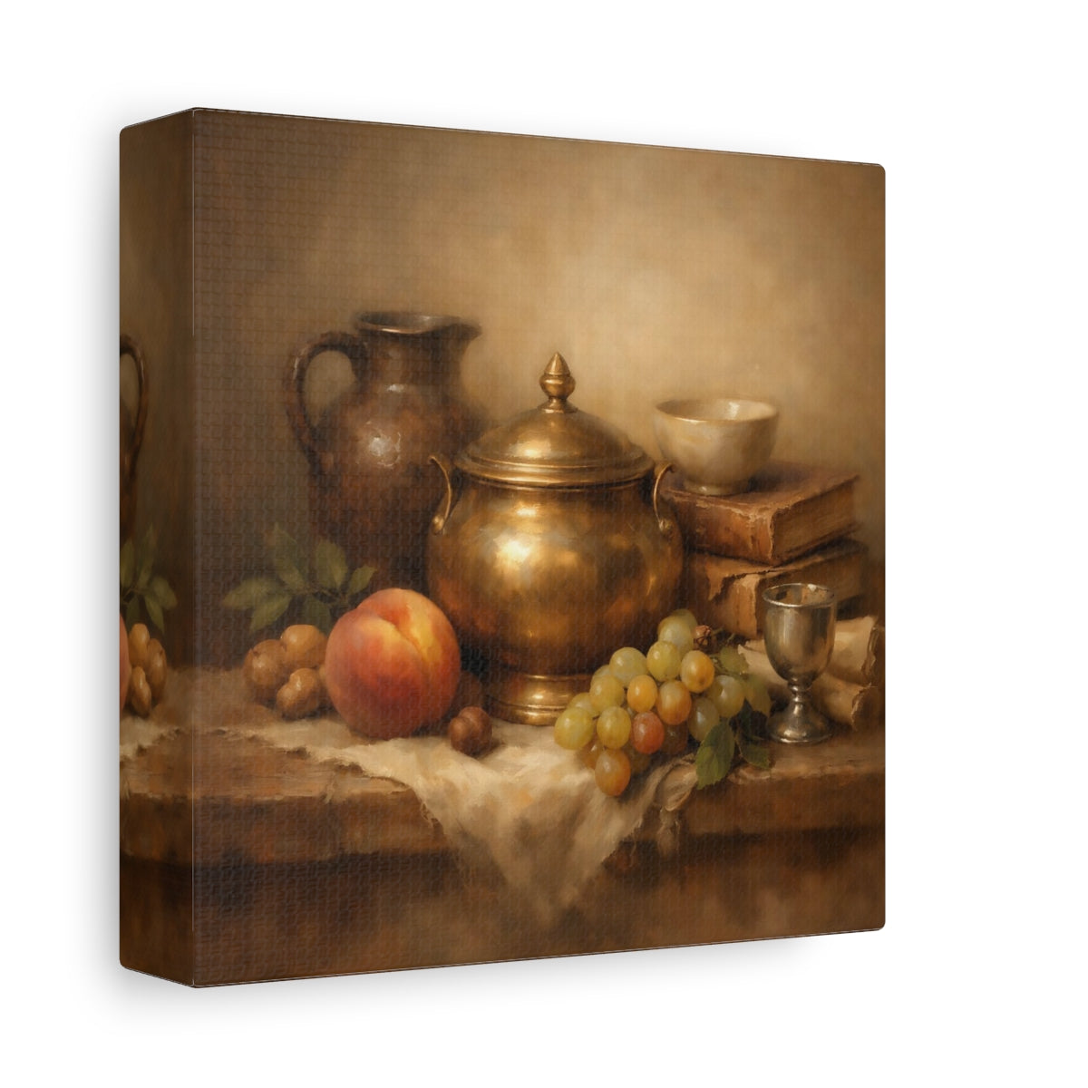 Side Mockup 1. Vintage Still Life Gold And Brown Still Life shown as stretched canvas wall art