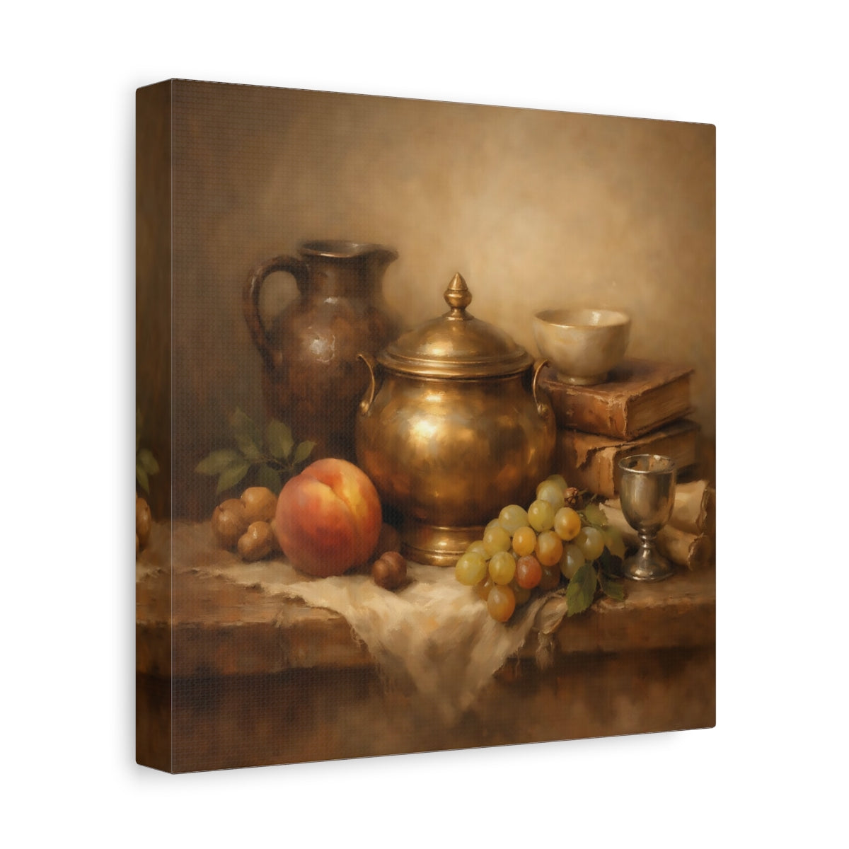 Side Mockup 9. Vintage Still Life Gold And Brown Still Life shown as stretched canvas wall art