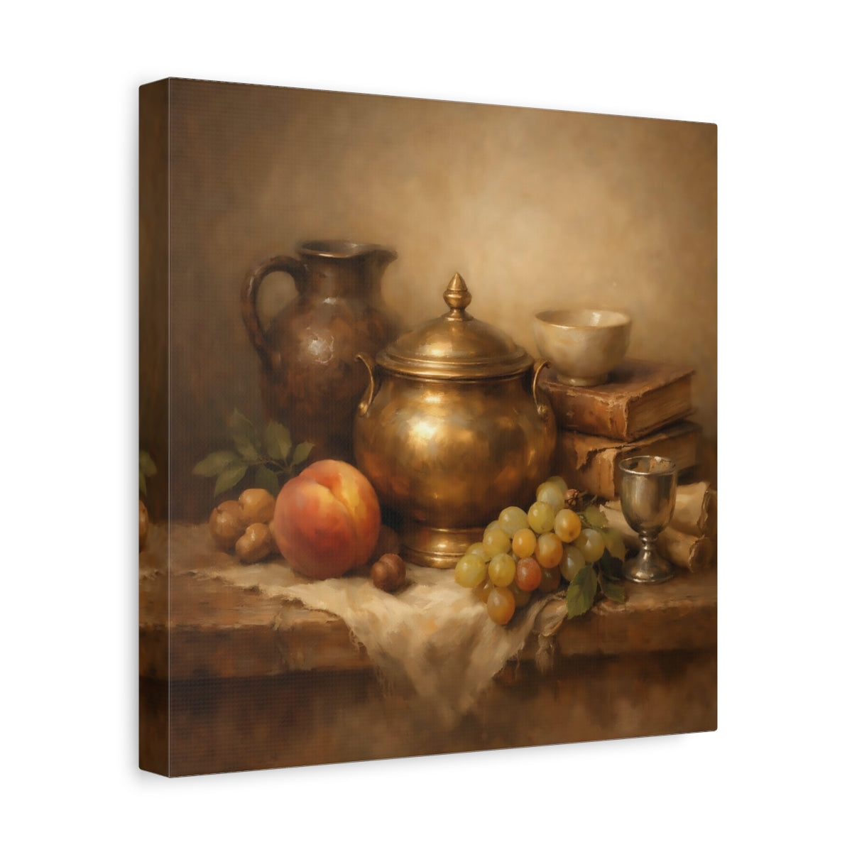 Side Mockup 8. Vintage Still Life Gold And Brown Still Life shown as stretched canvas wall art