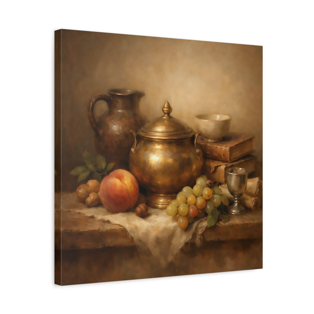 Side Mockup 5. Vintage Still Life Gold And Brown Still Life shown as stretched canvas wall art