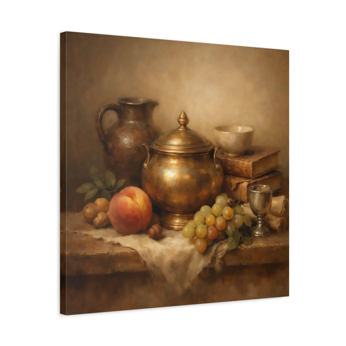 Side Mockup 4. Vintage Still Life Gold And Brown Still Life shown as stretched canvas wall art