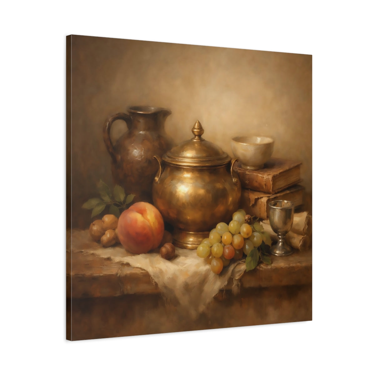 Side Mockup 3. Vintage Still Life Gold And Brown Still Life shown as stretched canvas wall art