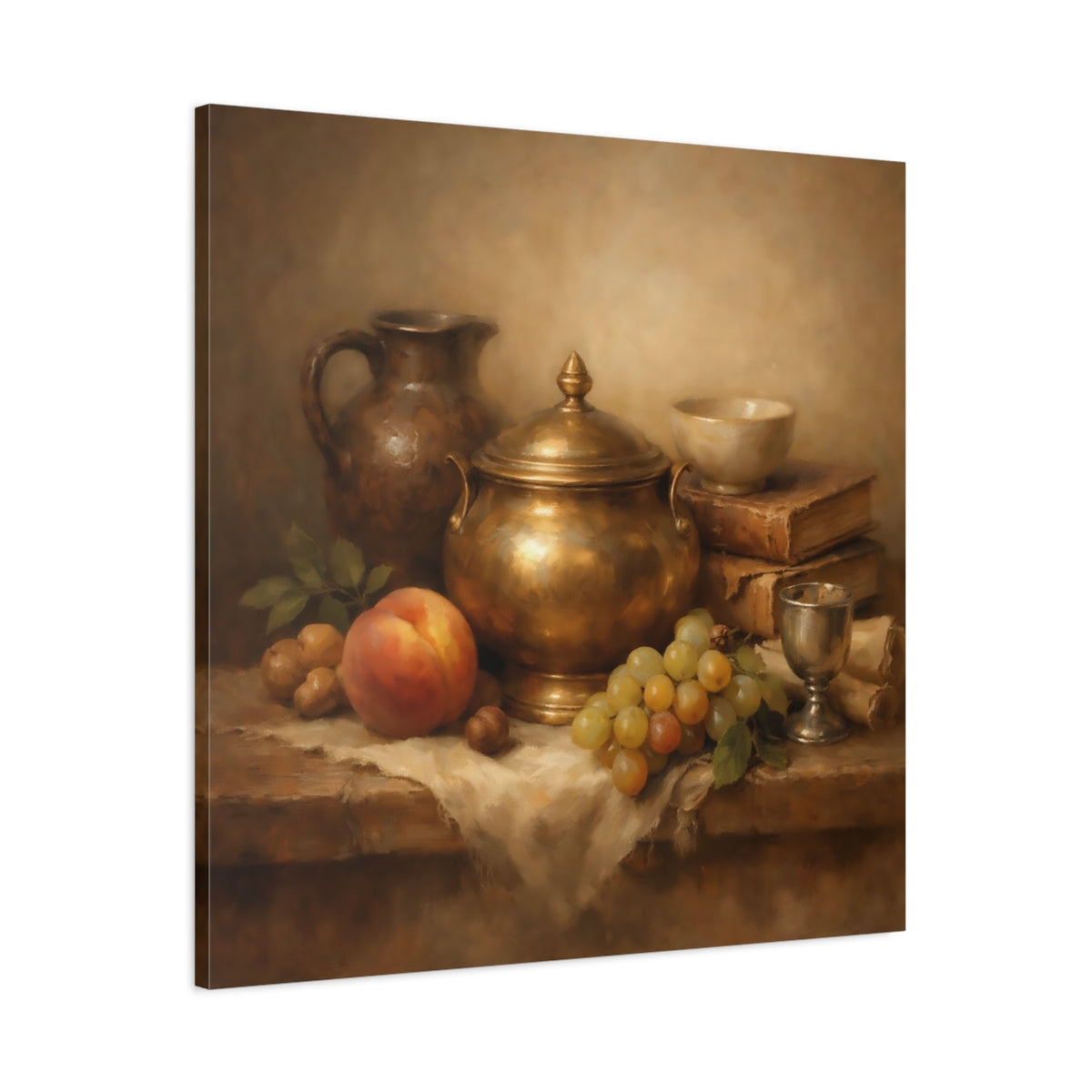 Side Mockup 2. Vintage Still Life Gold And Brown Still Life shown as stretched canvas wall art
