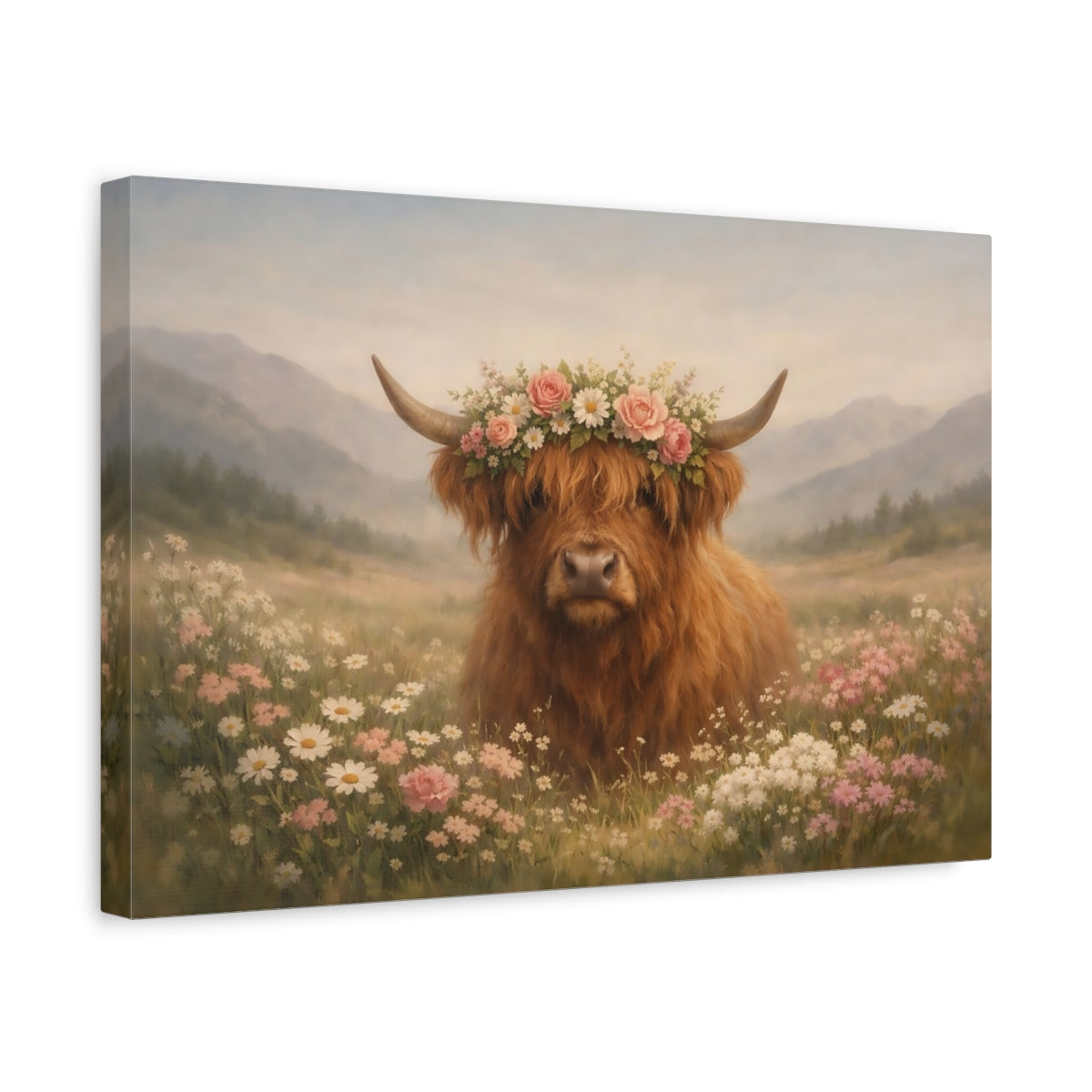Animaux de vache des Highlands fleuris - Impression sur toile murale
