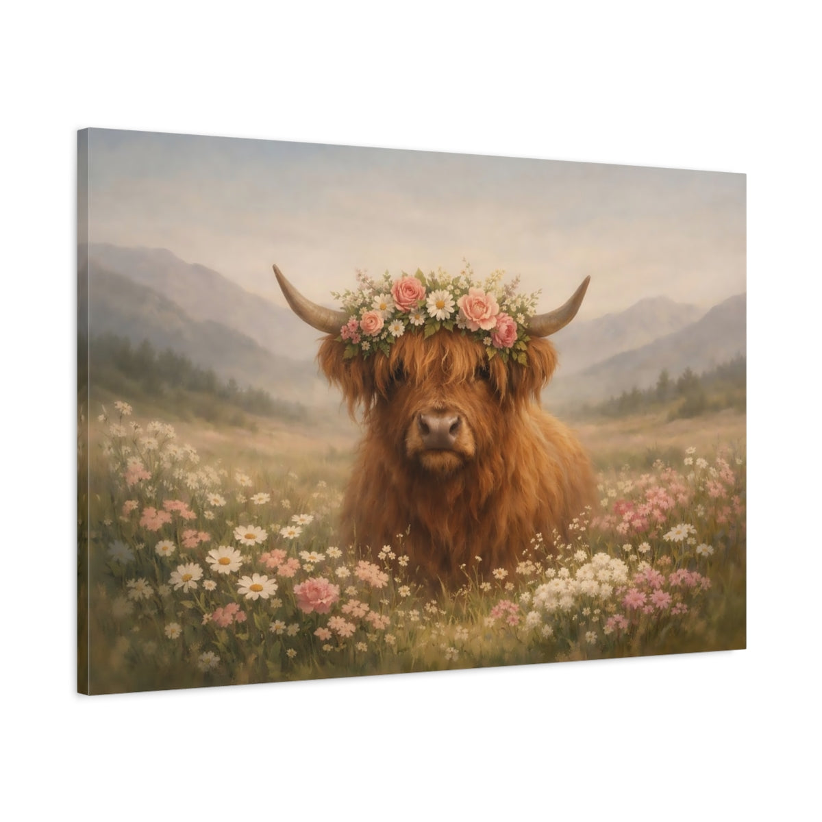 Animaux de vache des Highlands fleuris - Impression sur toile murale