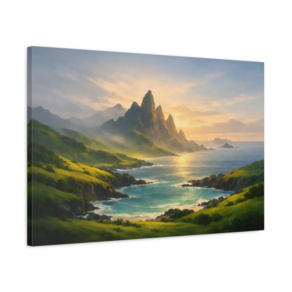 Seascape Green Valley Coastal Mountains Nature - Canvas Wall Art Print