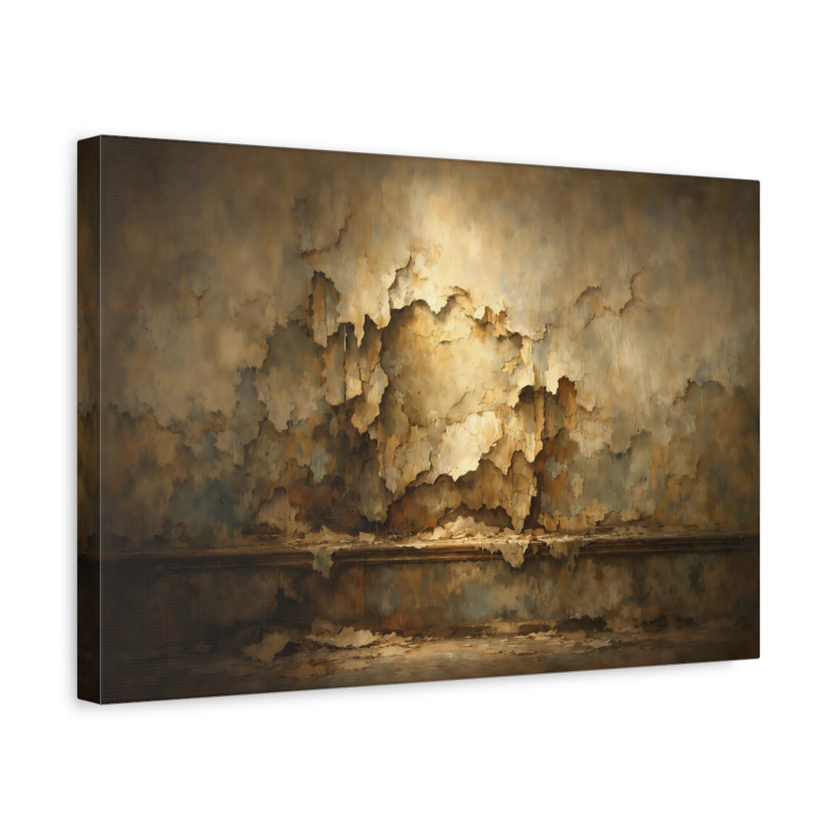 Side Mockup 4. Abstract Peeling Paint Brown And Gold shown as stretched canvas wall art